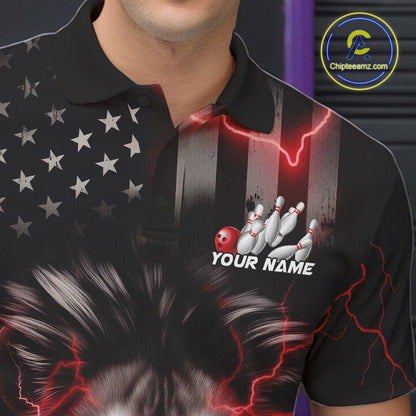 Custom Red Thunder Lightning Patriotic Lion Polo Shirts For Men, US Flag Bowling Jerseys IPHW9322