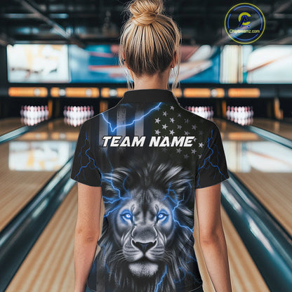 Custom Blue Thunder Lightning Patriotic Lion Women Polo Shirts, US Flag Bowling Jerseys IPHW9323