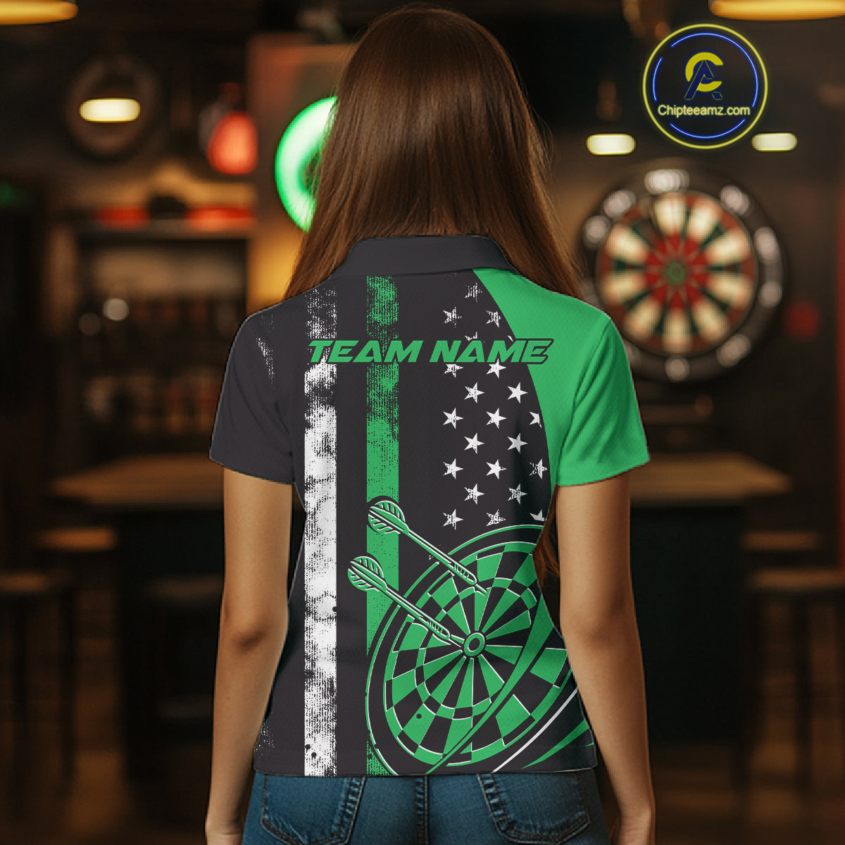 Custom Green Thin Line US Flag Patriotic Dartboard Women Polo Team Shirt, Dart Jersey IPHW9646