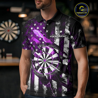 Custom Purple Thunder Lightning Patriotic Dart Men Polo Shirts, Vintage Dart Jerseys IPHW9653