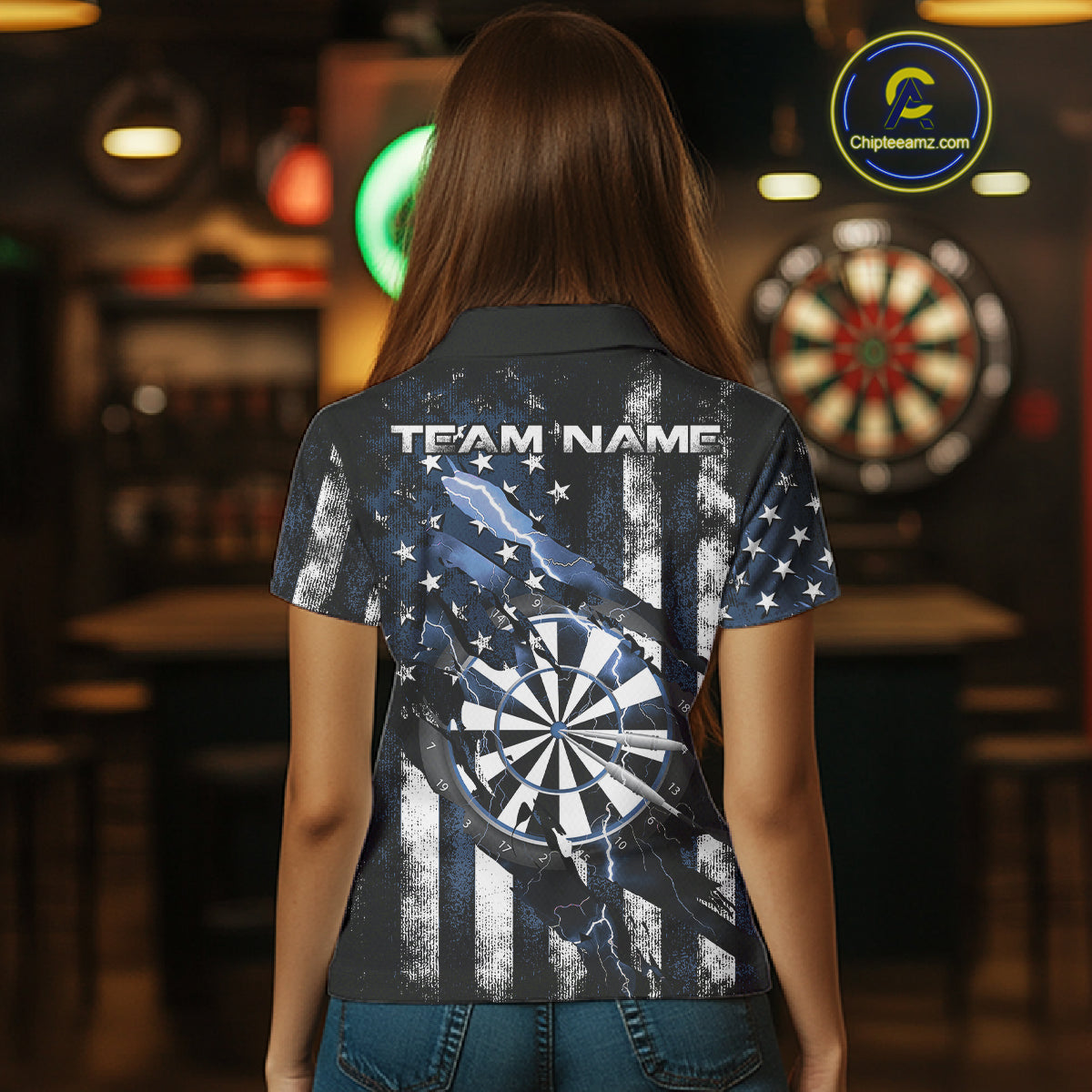 Custom Blue Thunder Lightning Patriotic Dart Women Polo Shirts, Vintage Dart Jerseys IPHW9655