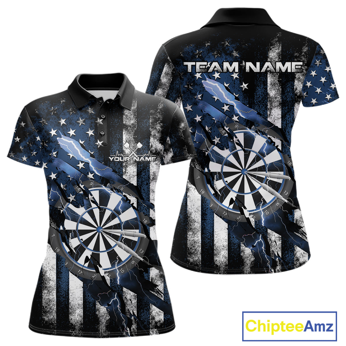Custom Blue Thunder Lightning Patriotic Dart Women Polo Shirts, Vintage Dart Jerseys IPHW9655