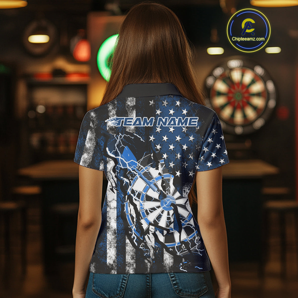 Custom Blue Thunder Lightning Patriotic Dart Team Polo Shirts For Women, Dart Jerseys IPHW9657