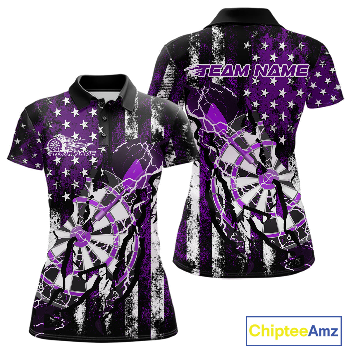 Custom Purple Thunder Lightning Patriotic Dart Team Polo Shirts For Women, Dart Jerseys IPHW9658