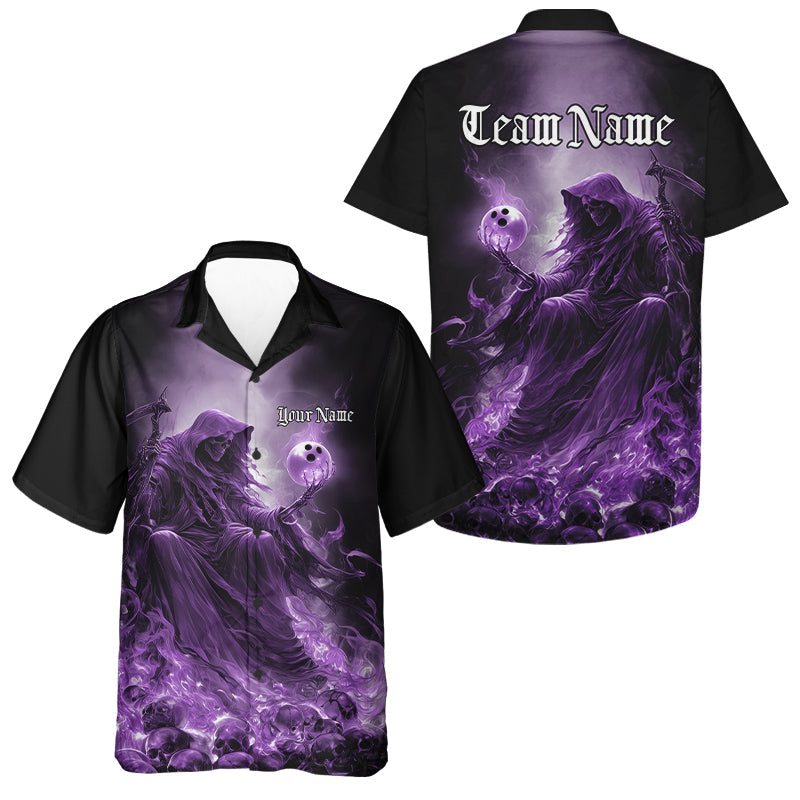 Custom Purple Flame Grim Reaper Bowling Men And Women Hawaiian Shirts, Halloween Bowling Team Outfit IPHW9468