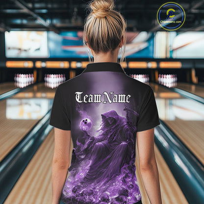 Custom Purple Flame Grim Reaper Bowling Women Polo Shirts, Halloween Bowling Team Outfit IPHW9468