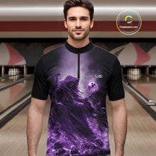 Load image into Gallery viewer, Custom Purple Flame Grim Reaper Bowling Men Quarter-Zip Shirts, Halloween Bowling Team Outfit IPHW9468