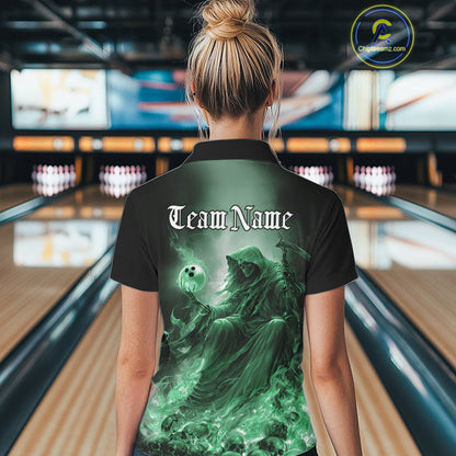 Custom Green Flame Grim Reaper Bowling Women Polo Shirts, Halloween Bowling Team Outfit IPHW9469