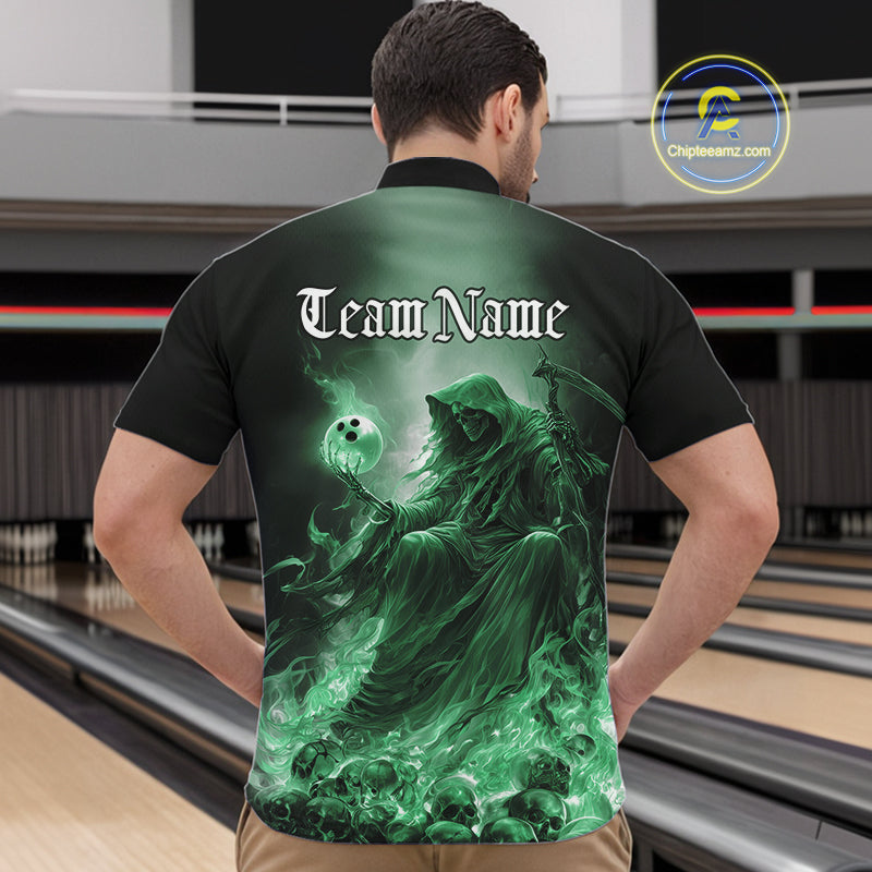Custom Green Flame Grim Reaper Bowling Men Quarter-Zip Shirts, Halloween Bowling Team Outfit IPHW9469