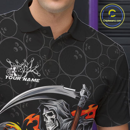 Custom Chaotic Flame Grim Reaper Bowling Polo Shirts For Men, Halloween Bowling Team Shirt IPHW9473