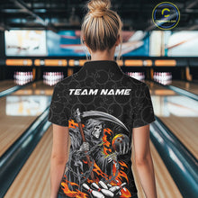 Load image into Gallery viewer, Custom Chaotic Flame Grim Reaper Bowling Women Polo Shirts, Halloween Bowling Team Shirt IPHW9473