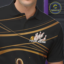 Load image into Gallery viewer, Custom Black And Gold Lane Glowing Bowling Ball And Pins Polo Team Shirts For Men IPHW9474