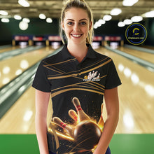 Load image into Gallery viewer, Custom Black And Gold Lane Glowing Bowling Ball And Pins Polo Team Shirts For Women IPHW9474