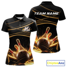 Load image into Gallery viewer, Custom Black And Gold Lane Glowing Bowling Ball And Pins Polo Team Shirts For Women IPHW9474