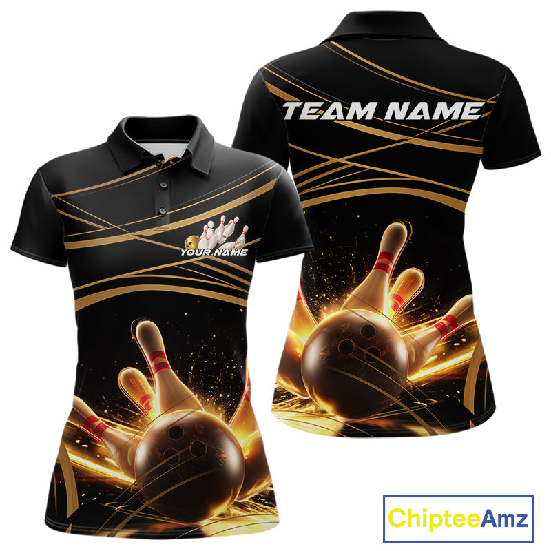 Custom Black And Gold Lane Glowing Bowling Ball And Pins Polo Team Shirts For Women IPHW9474