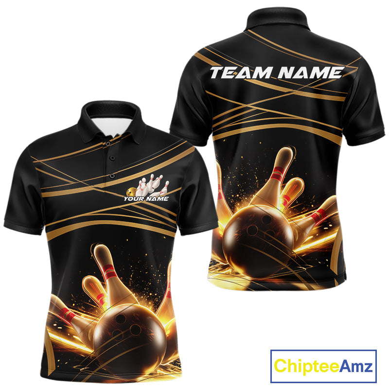 Custom Black And Gold Lane Glowing Bowling Ball And Pins Polo Team Shirts For Men IPHW9474
