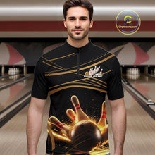 Load image into Gallery viewer, Custom Black And Gold Lane Glowing Bowling Ball And Pins Quarter-Zip Team Shirts For Men IPHW9474