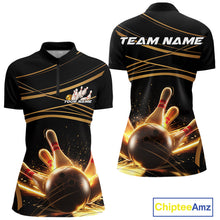 Load image into Gallery viewer, Custom Black And Gold Lane Glowing Bowling Ball And Pins Quarter-Zip Team Shirt For Women IPHW9474