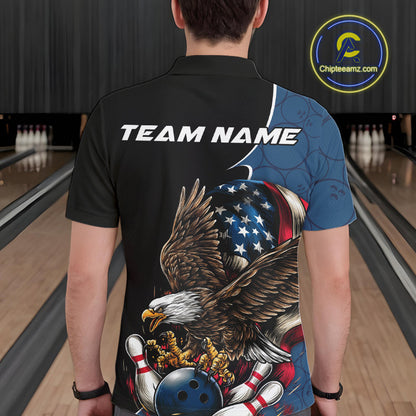 Custom American Flag Eagle Bowling Team Men Polo Shirts, Patriotic US Bowling League Shirt IPHW9478