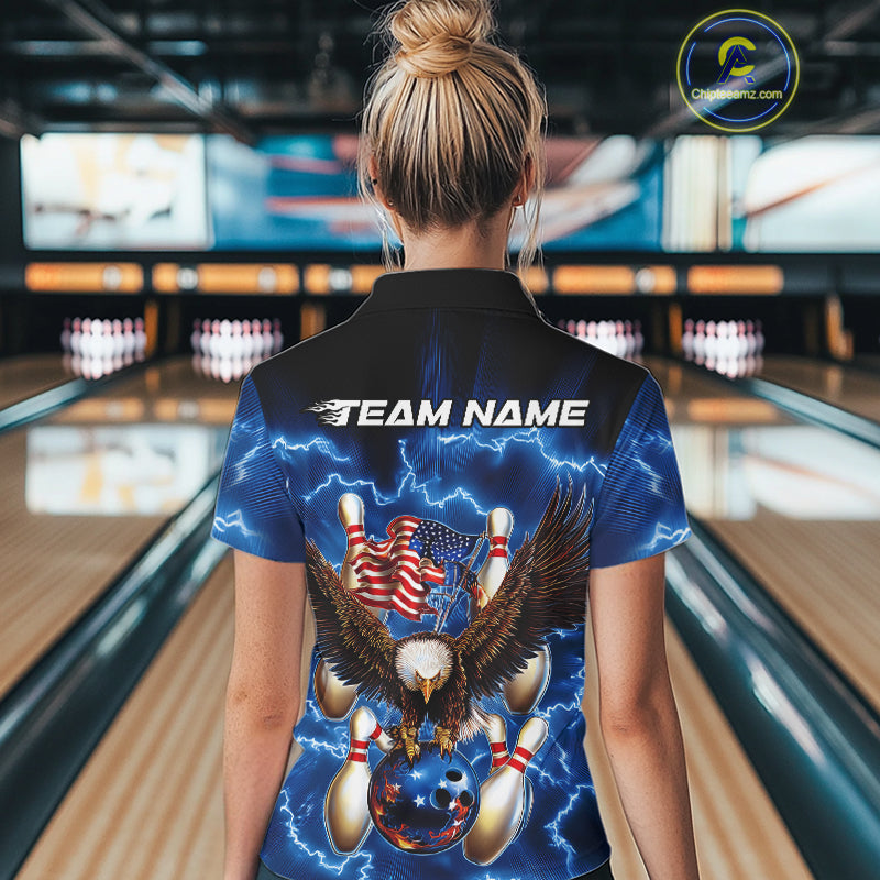Custom Blue Lightning US Flag Eagle Bowling Team Polo Shirts For Women, Patriotic Bowling IPHW9479