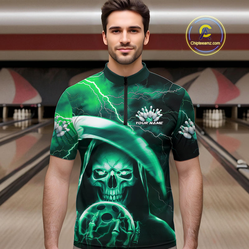 Custom Green Thunder Lightning Grim Reaper Skull Halloween Bowling Quarter-Zip Shirts For Men IPHW9852