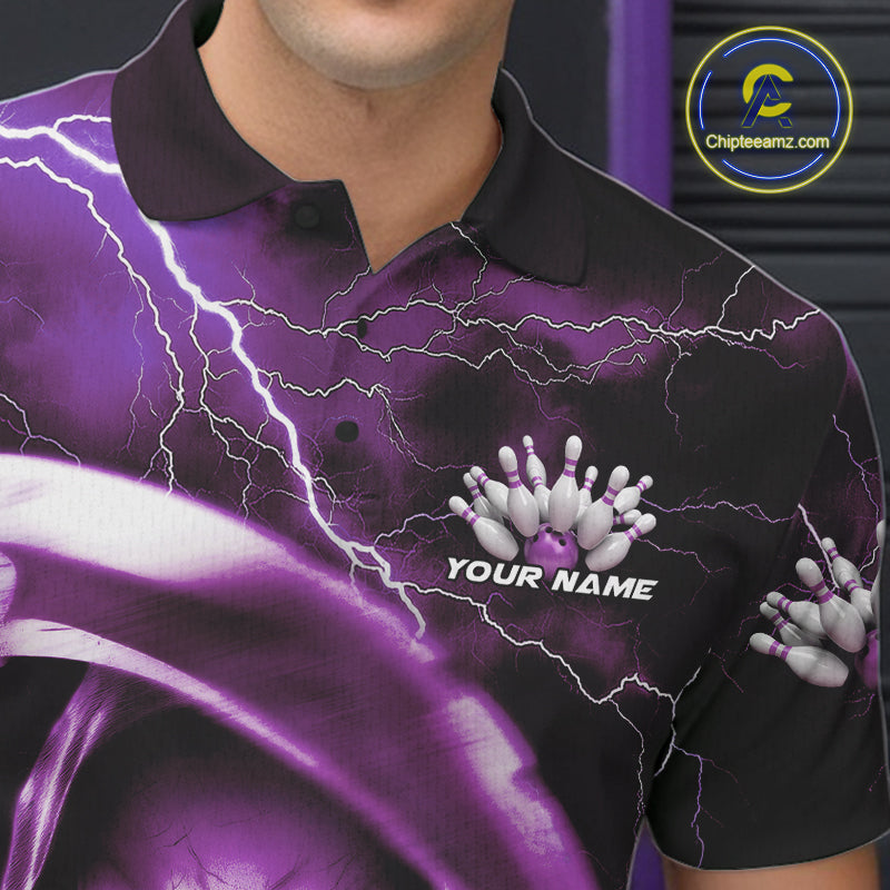 Custom Purple Thunder Lightning Grim Reaper Skull Halloween Bowling Polo Shirts For Men IPHW9853