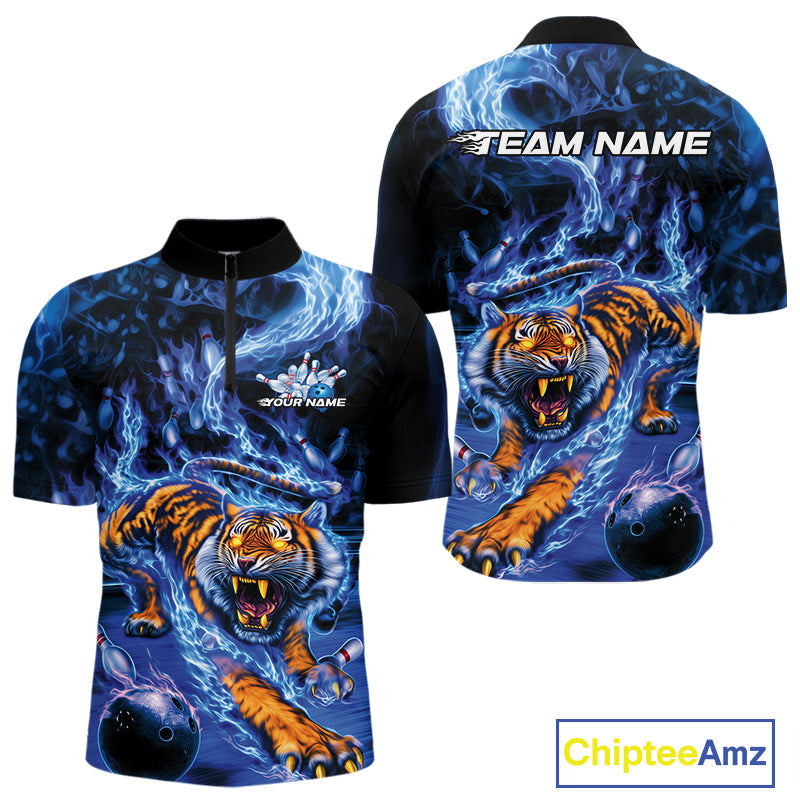 Custom Blue Fire Flame Tiger Bowling Team Quarter-Zip Shirts For Men, Tiger Bowling Jerseys IPHW9484