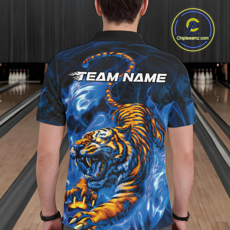 Custom Blue Fire Flame Tiger Bowling Team Polo Shirts For Men, Tiger Bowling Jerseys IPHW9486