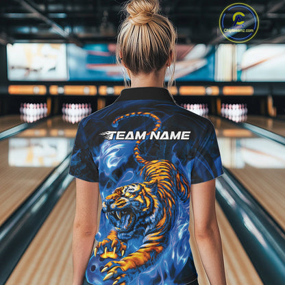 Custom Blue Fire Flame Tiger Bowling Team Polo Shirts For Women, Tiger Bowling Jerseys IPHW9486