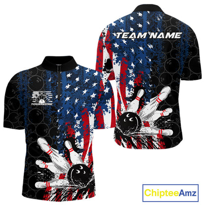 Custom Grunge Vintage American Flag Patriotic Bowling Team Jerseys, Bowling Men Quarter-Zip Shirt IPHW9489