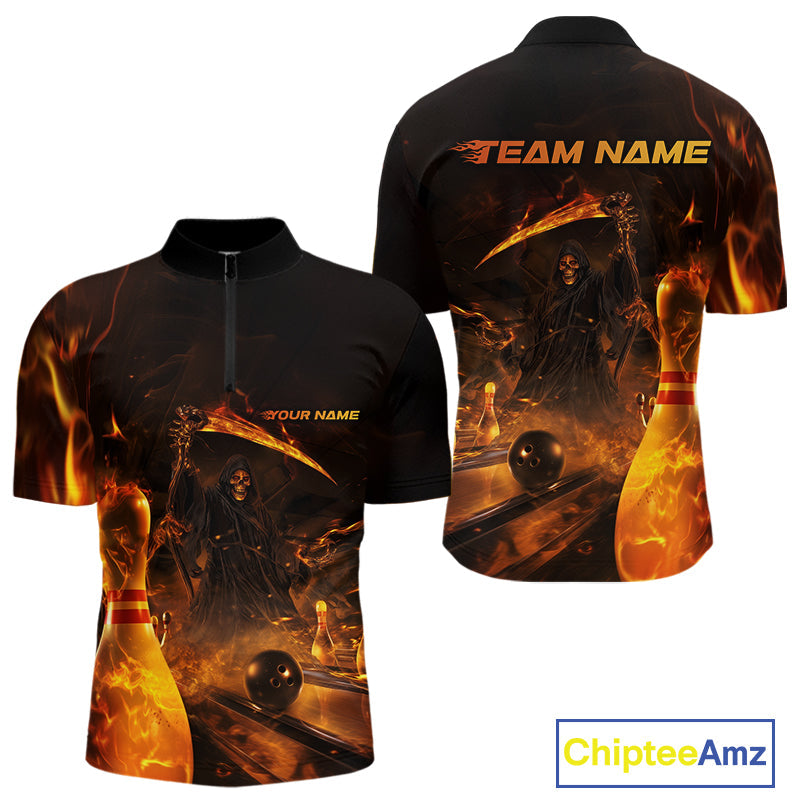 Custom Fire Flame Grim Reaper Bowling Quarter-Zip Shirts For Men, Halloween Bowlers Outfit IPHW9711