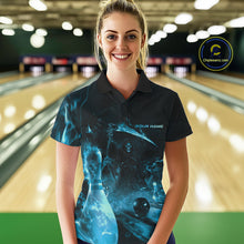 Load image into Gallery viewer, Custom Blue Fire Flame Grim Reaper Bowling Women Polo Shirts, Halloween Bowlers Outfit IPHW9713