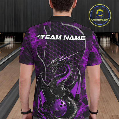 Custom Black And Purple Fire Flame Dragon Bowling Men Polo Shirt, Dragon Bowling Jersey IPHW9865