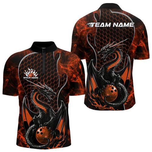 Custom Black And Orange Fire Flame Dragon Bowling Men Quarter-Zip Shirt, Dragon Bowling Jersey IPHW9867