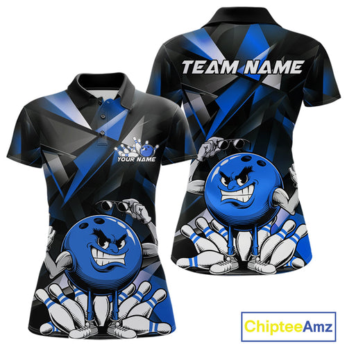 Black And Blue Custom Funny Bowling Team Polo Shirts For Women, Bowling Jerseys IPHW9357