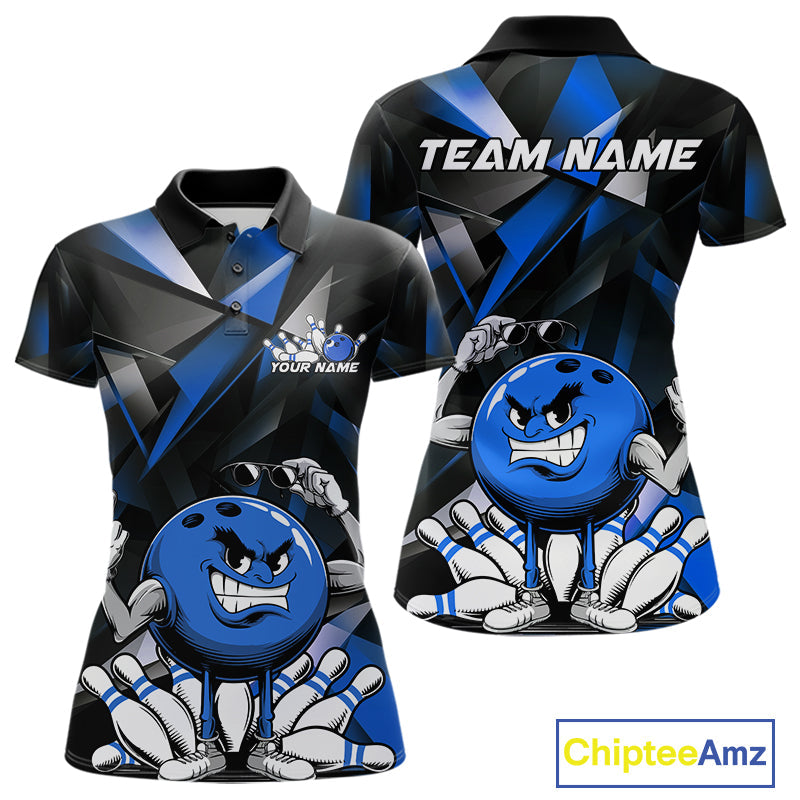 Black And Blue Custom Funny Bowling Team Polo Shirts For Women, Bowling Jerseys IPHW9357