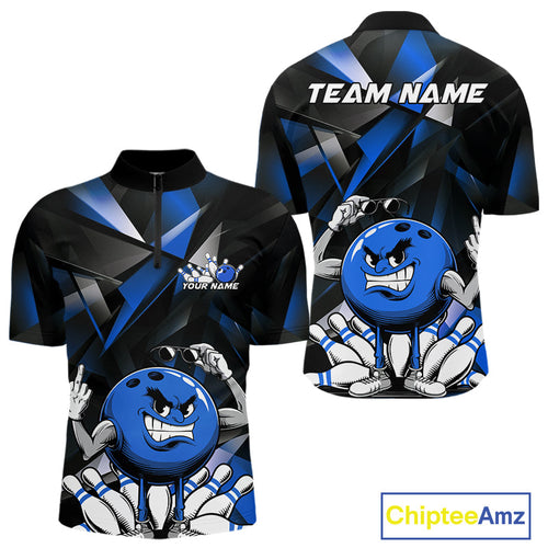 Black And Blue Custom Funny Bowling Team Quarter-Zip Shirts For Men, Bowling Jerseys IPHW9357