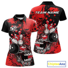 Load image into Gallery viewer, Custom Black And Red Splatter Skull Bowling Women Polo Shirt, Halloween Bowler Outfit IPHW9725