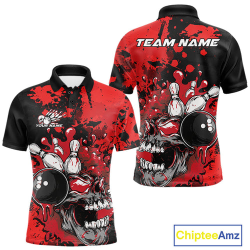 Custom Black And Red Splatter Skull Bowling Team Men Polo Shirt, Halloween Bowler Outfit IPHW9725