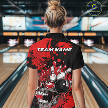 Load image into Gallery viewer, Custom Black And Red Splatter Skull Bowling Women Quarter-Zip Shirt, Halloween Bowler IPHW9725