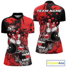 Load image into Gallery viewer, Custom Black And Red Splatter Skull Bowling Women Quarter-Zip Shirt, Halloween Bowler IPHW9725