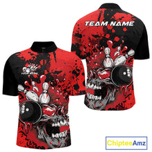 Load image into Gallery viewer, Custom Black And Red Splatter Skull Bowling Team Men Quarter-Zip Shirt, Halloween Bowler Outfit IPHW9725