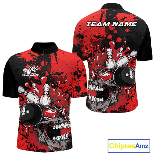 Custom Black And Red Splatter Skull Bowling Team Men Quarter-Zip Shirt, Halloween Bowler Outfit IPHW9725