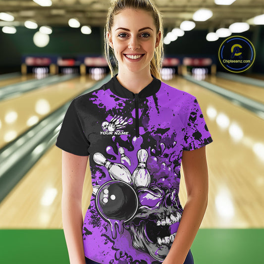 Custom Black And Purple Splatter Skull Bowling Women Quarter-Zip Shirt, Halloween Outfit IPHW9726