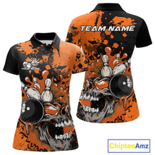 Load image into Gallery viewer, Custom Black And Orange Splatter Skull Bowling Team Women Polo Shirt, Halloween Outfit IPHW9727