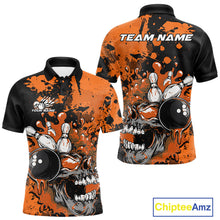 Load image into Gallery viewer, Custom Black And Orange Splatter Skull Bowling Team Men Polo Shirt, Halloween Outfit IPHW9727