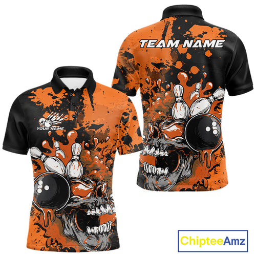 Custom Black And Orange Splatter Skull Bowling Team Men Polo Shirt, Halloween Outfit IPHW9727