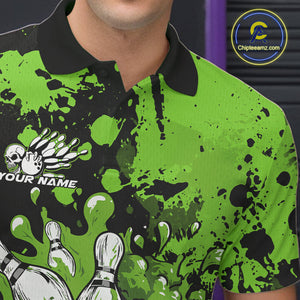 Custom Black And Green Splatter Skull Bowling Team Men Polo Shirt, Halloween Outfit IPHW9728