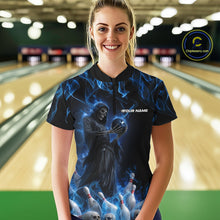 Load image into Gallery viewer, Custom Blue Flame Grim Reaper Bowling Women Quarter-Zip Shirts, Halloween Bowling Outfit IPHW9729