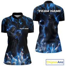 Load image into Gallery viewer, Custom Blue Flame Grim Reaper Bowling Women Quarter-Zip Shirts, Halloween Bowling Outfit IPHW9729